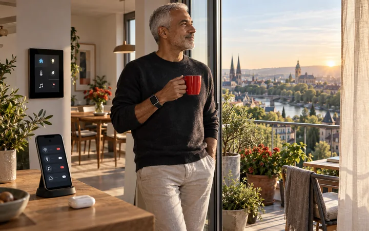 A man pauses by his balcony while connected devices quietly support everyday life around him.