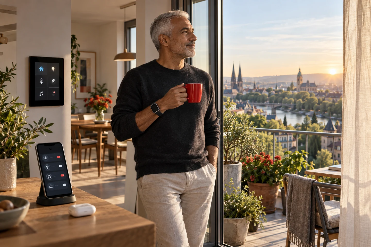 A man pauses by his balcony while connected devices quietly support everyday life around him.