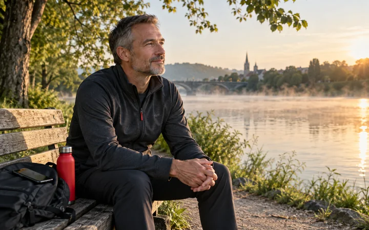 A person takes a quiet riverside pause after a morning walk, with their phone put aside.