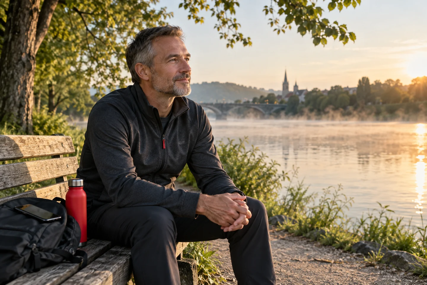 A person takes a quiet riverside pause after a morning walk, with their phone put aside.