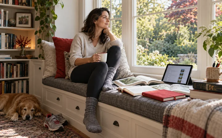 A woman pauses thoughtfully in a home library beside books and a digital research tool.