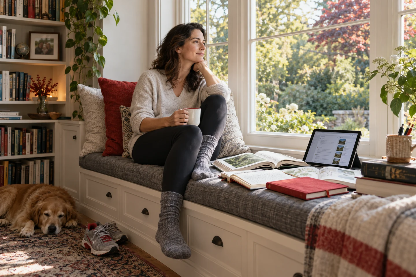 A woman pauses thoughtfully in a home library beside books and a digital research tool.