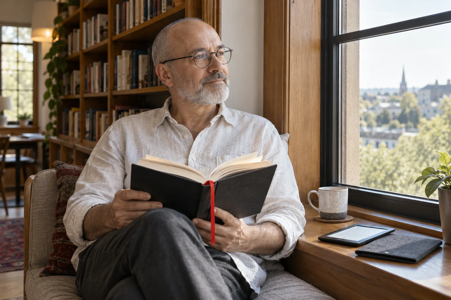 A reader pauses over a printed book with an e-reader resting nearby.