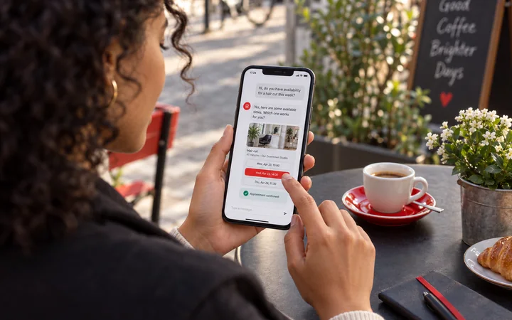 Gošća kafića pomoću asistenta za dopisivanje bira i potvrđuje termin na telefonu.