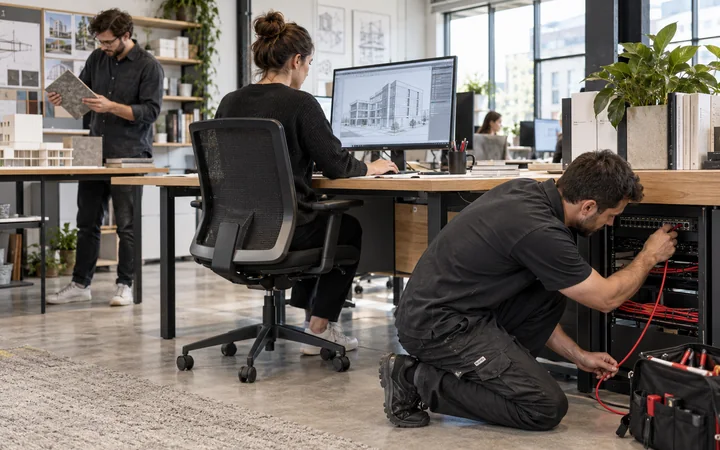 An IT technician maintains a network connection while studio employees work smoothly.