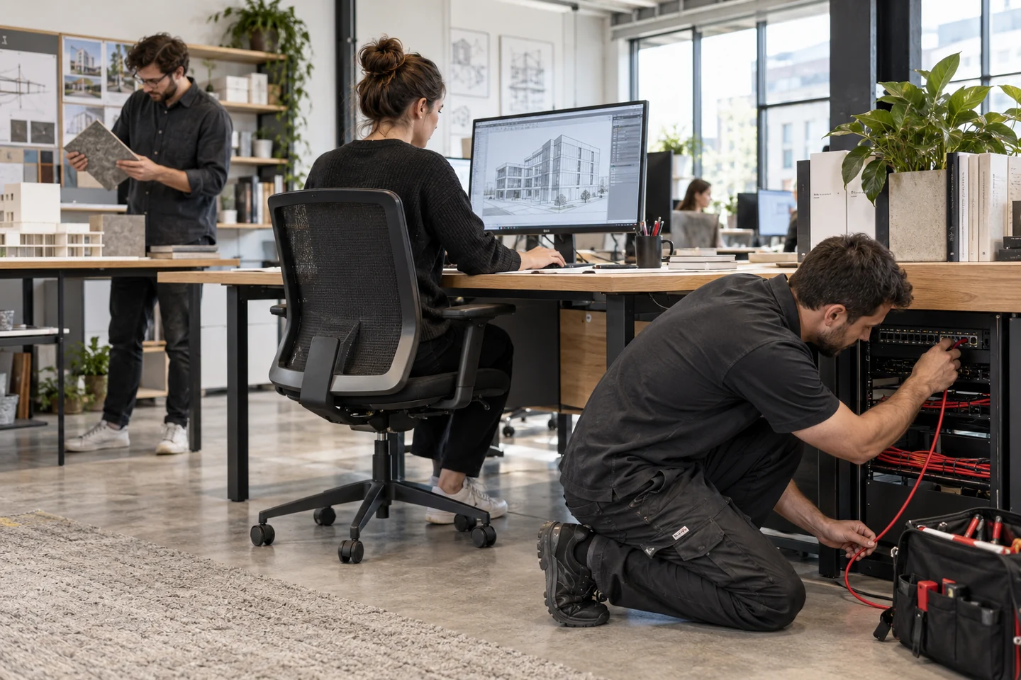 An IT technician maintains a network connection while studio employees work smoothly.