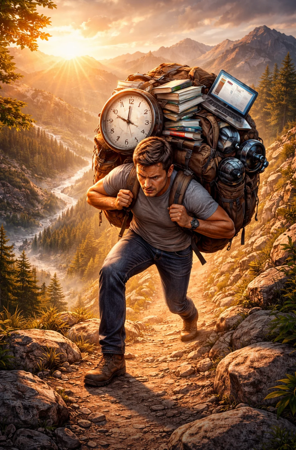 A person carrying the accumulated weight of work and responsibilities