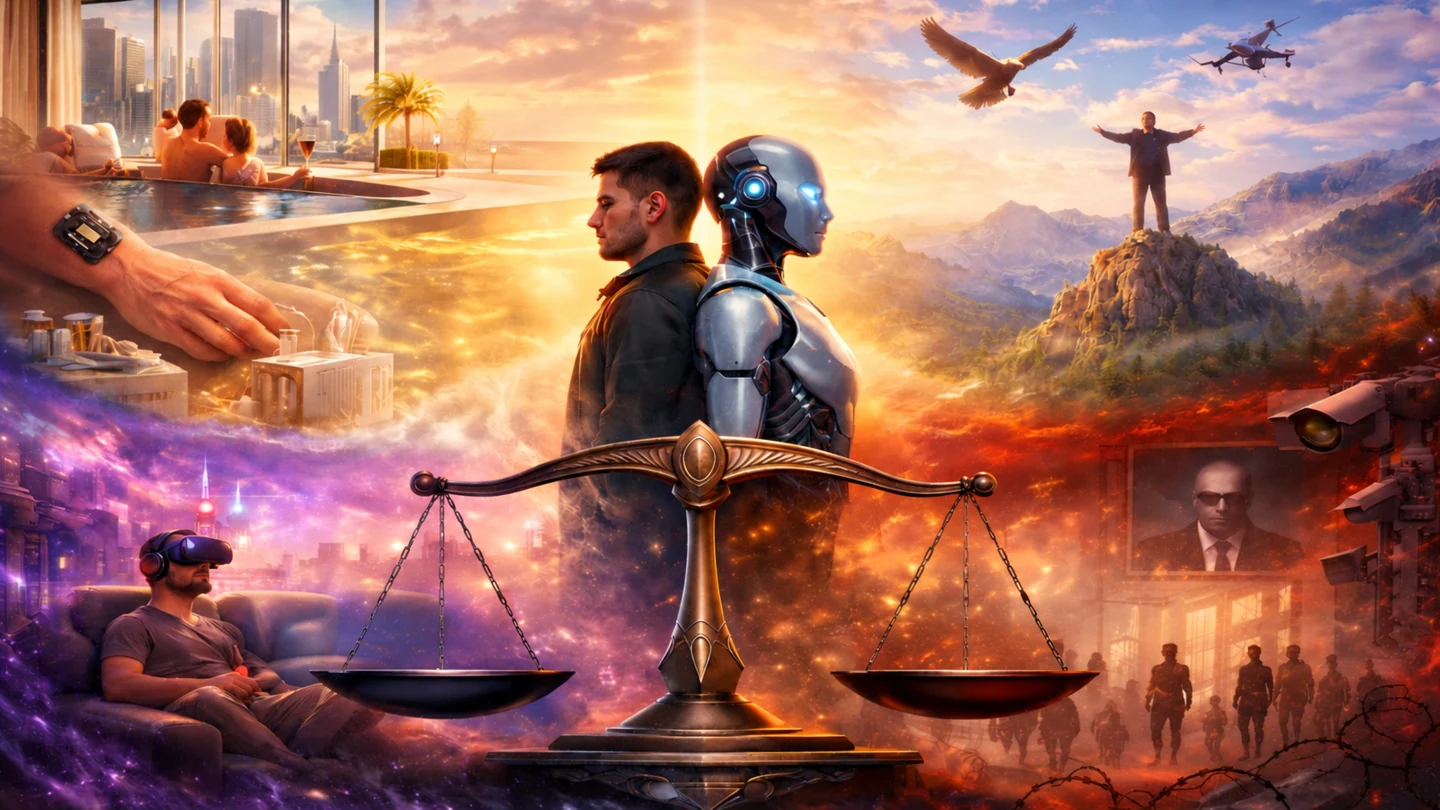 A person and a technological counterpart on a balance between convenience and freedom