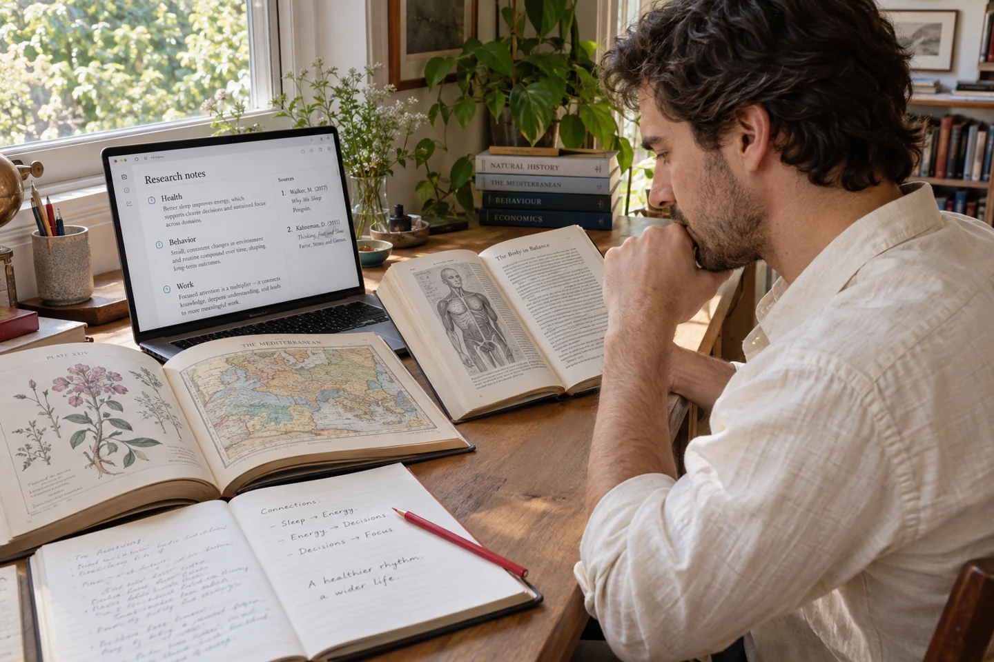 Books and an AI research workspace supporting connections across disciplines