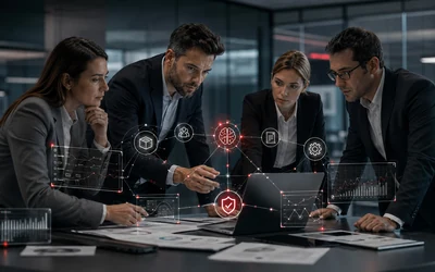 a management team using AI as a controlled business layer connected to real company data, processes and decisions, with clear human oversight and no humanoid robot.