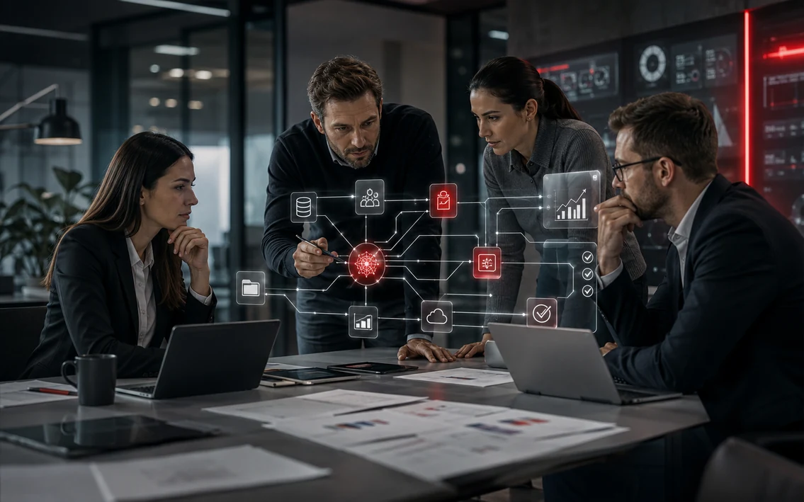 a management team using AI as a controlled business layer connected to real company data, processes and decisions, with clear human oversight and no humanoid robot.