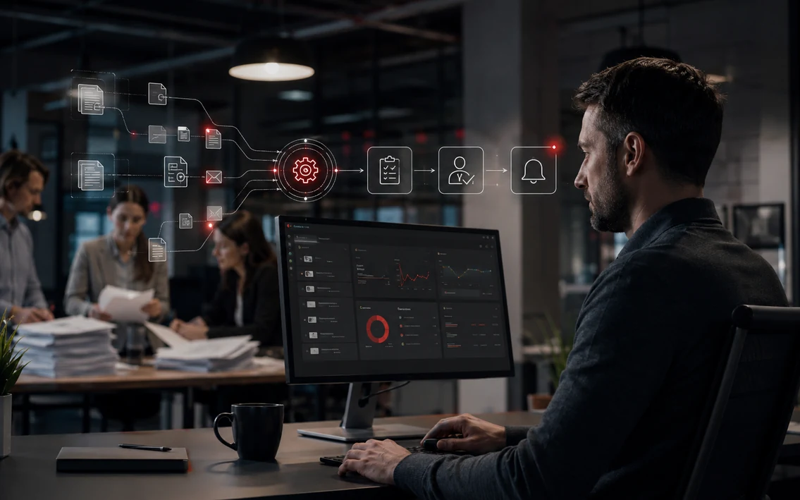 a practical business workflow where repetitive manual steps, documents and handoffs are consolidated into a controlled automated process while people retain oversight.