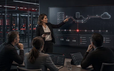 a realistic IT continuity setting with protected server infrastructure, redundant data paths, a recovery checkpoint and an operations team verifying that business services remain available.