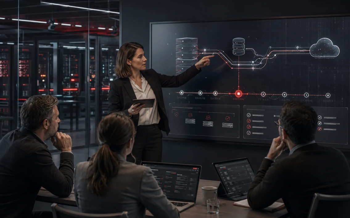 a realistic IT continuity setting with protected server infrastructure, redundant data paths, a recovery checkpoint and an operations team verifying that business services remain available.