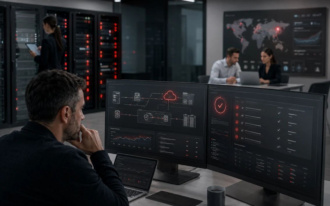 a realistic IT continuity setting with protected server infrastructure, redundant data paths, a recovery checkpoint and an operations team verifying that business services remain available.