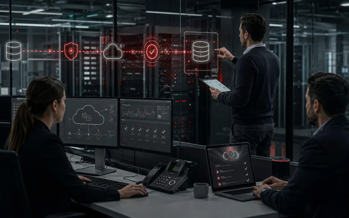 a realistic IT continuity setting with protected server infrastructure, redundant data paths, a recovery checkpoint and an operations team verifying that business services remain available.