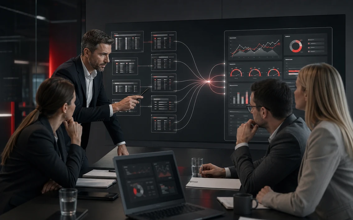a management data setting with multiple raw sources converging into one verified analytical view, clear ownership and a confident evidence-based decision.