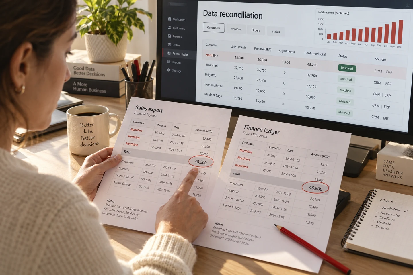 a management data setting with multiple raw sources converging into one verified analytical view, clear ownership and a confident evidence-based decision.