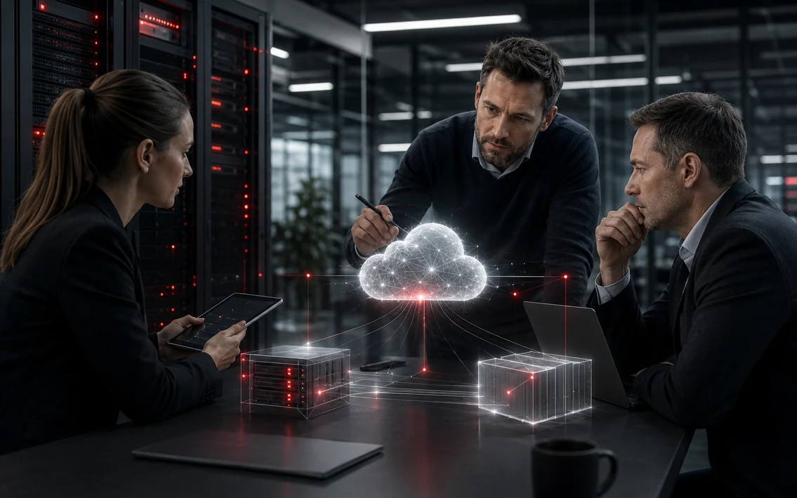a realistic hybrid IT environment connecting secure local infrastructure with scalable cloud services, while an IT and management team evaluates flexibility, control and risk.
