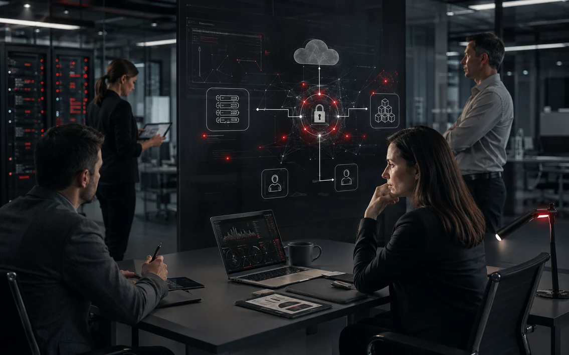 a realistic hybrid IT environment connecting secure local infrastructure with scalable cloud services, while an IT and management team evaluates flexibility, control and risk.