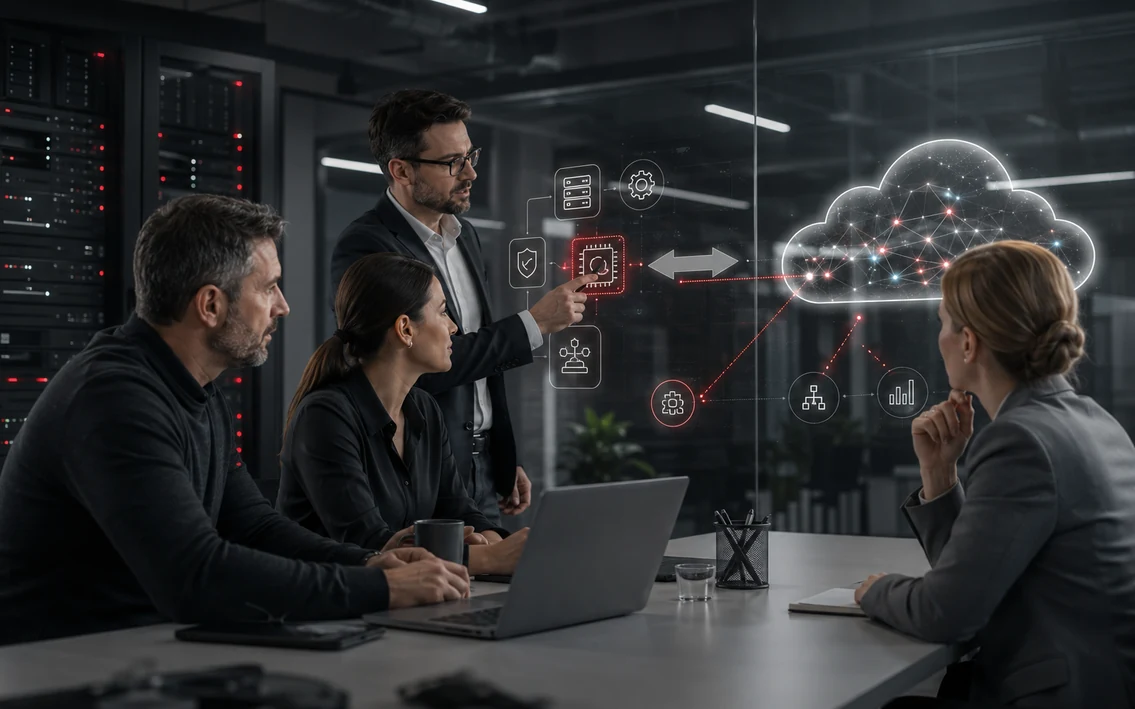 a realistic hybrid IT environment connecting secure local infrastructure with scalable cloud services, while an IT and management team evaluates flexibility, control and risk.