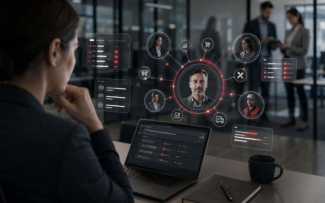 a sales team using one reliable customer and pipeline view, with follow-up steps, relationship history and next actions visibly connected.
