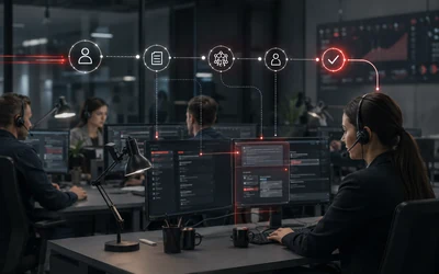 a customer-support operation where one incoming request moves quickly through knowledge, ownership and resolution while the team shares the same customer context.