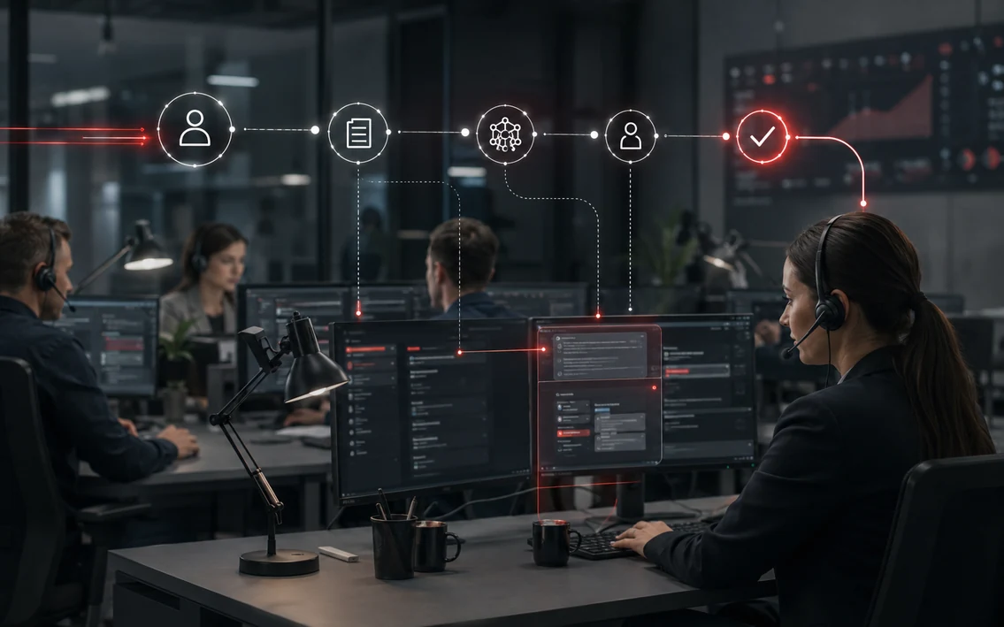 a customer-support operation where one incoming request moves quickly through knowledge, ownership and resolution while the team shares the same customer context.
