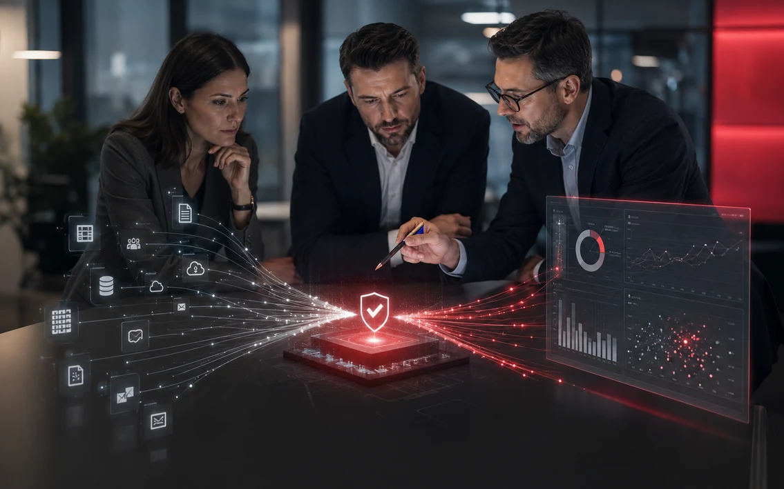 a management data setting with multiple raw sources converging into one verified analytical view, clear ownership and a confident evidence-based decision.