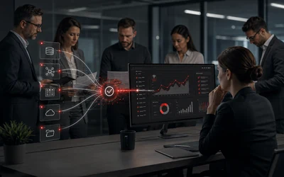 a management data setting with multiple raw sources converging into one verified analytical view, clear ownership and a confident evidence-based decision.