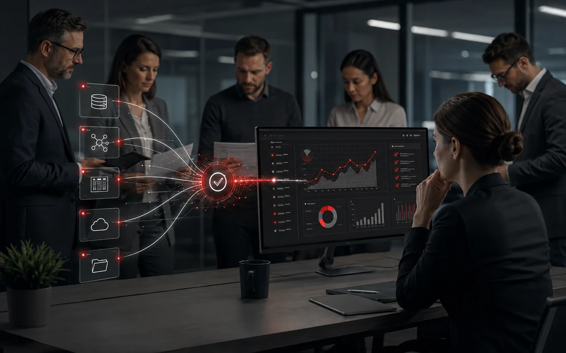 a management data setting with multiple raw sources converging into one verified analytical view, clear ownership and a confident evidence-based decision.