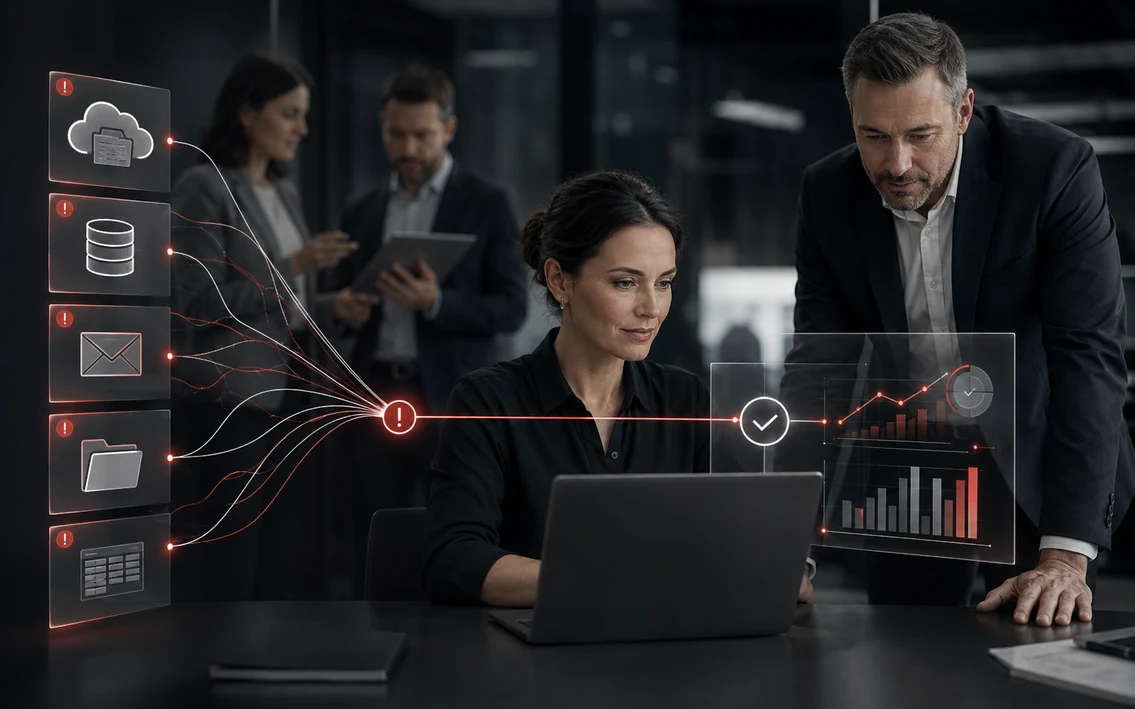a management data setting with multiple raw sources converging into one verified analytical view, clear ownership and a confident evidence-based decision.
