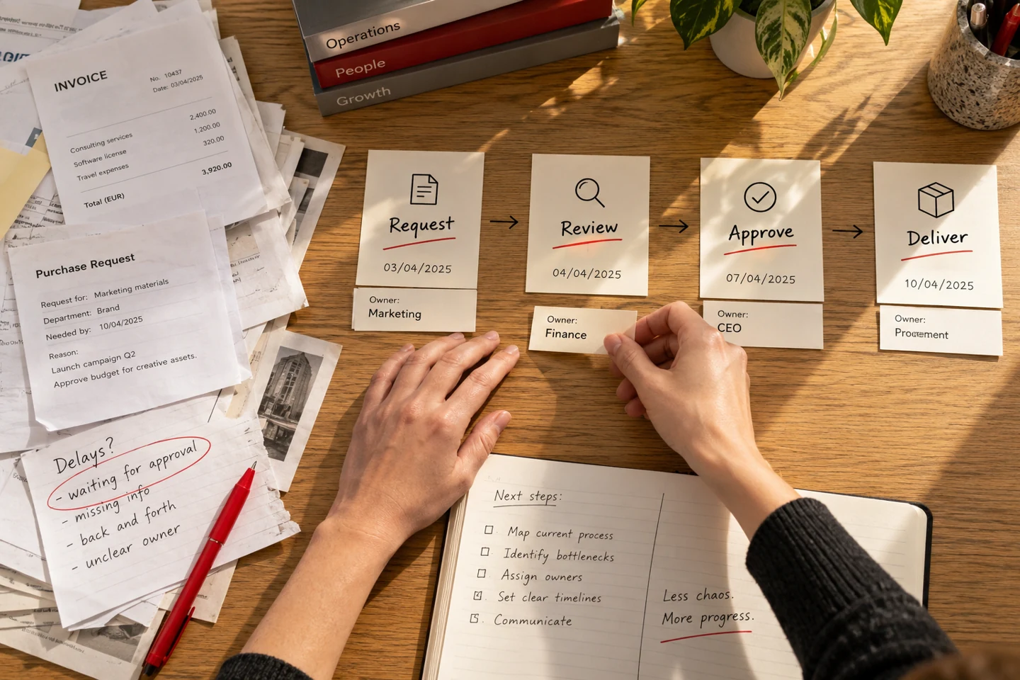Hands organising a business process into a clear sequence