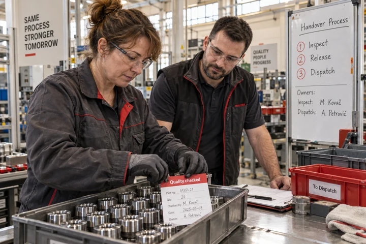 Colleagues improving a task handoff on the factory floor