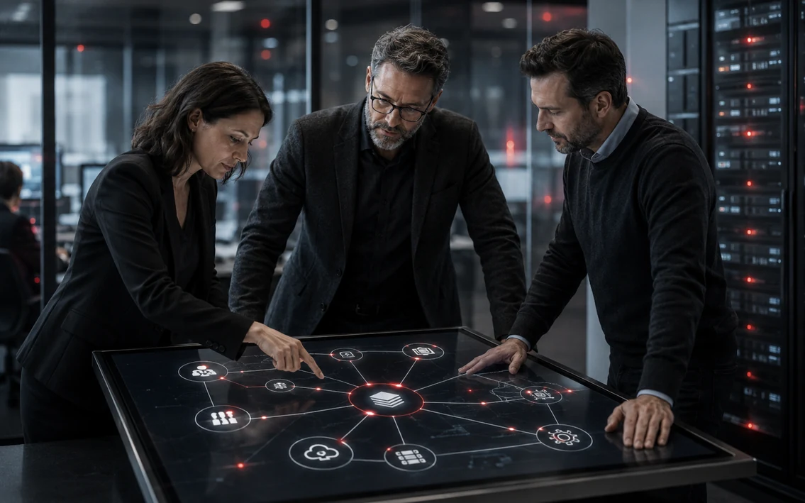 a layered business ecosystem anchored in a real workplace, connecting people, processes, data, AI, business software, infrastructure and security into one coherent architecture.