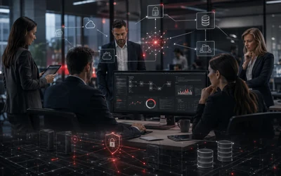 a layered business ecosystem anchored in a real workplace, connecting people, processes, data, AI, business software, infrastructure and security into one coherent architecture.