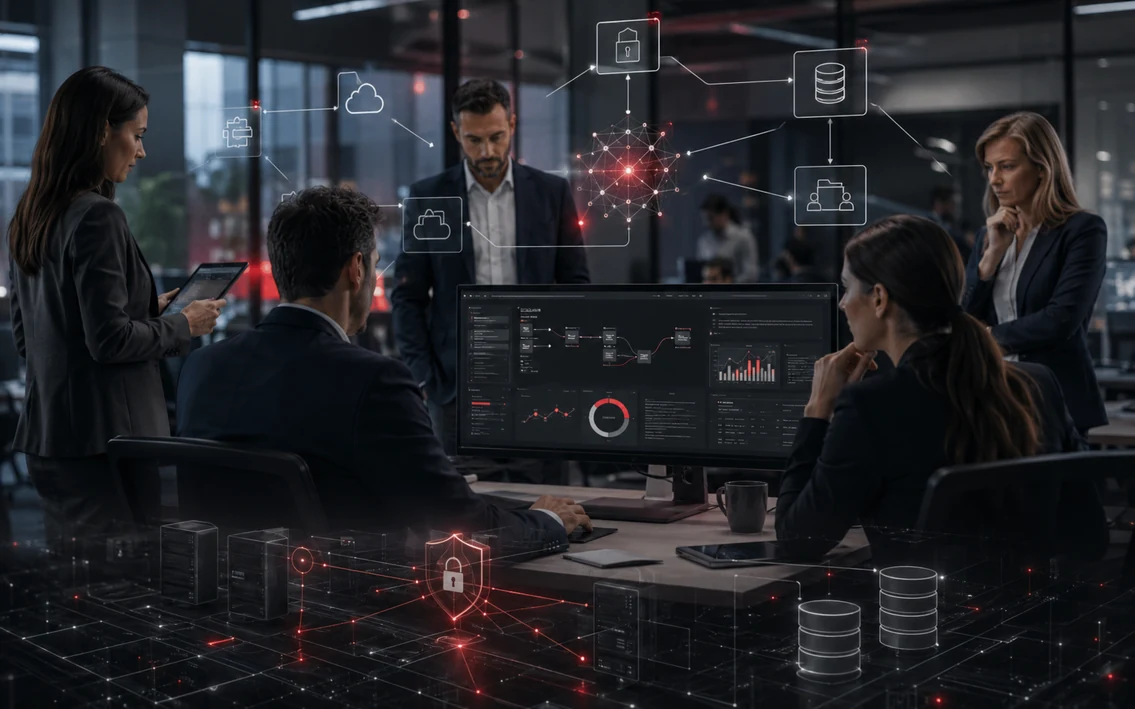 a layered business ecosystem anchored in a real workplace, connecting people, processes, data, AI, business software, infrastructure and security into one coherent architecture.