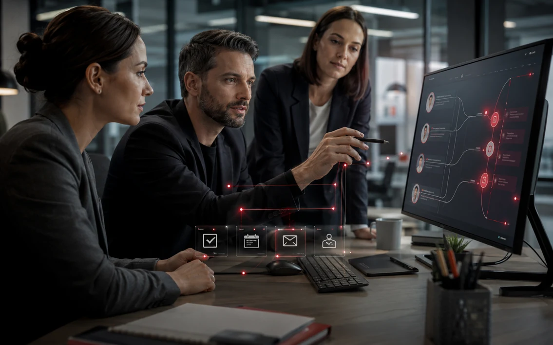 a sales team using one reliable customer and pipeline view, with follow-up steps, relationship history and next actions visibly connected.