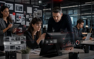 a marketing team turning a structured brief into coordinated content and campaign decisions, with brand consistency and performance signals visible.