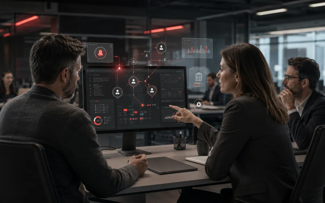a management team using AI as a controlled business layer connected to real company data, processes and decisions, with clear human oversight and no humanoid robot.