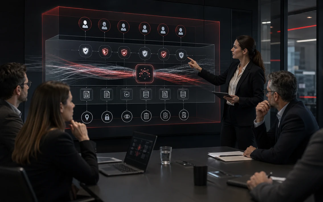 an executive and security team reviewing a controlled digital environment with layered access, protected data flows, a clear guardrail boundary and visible accountability.