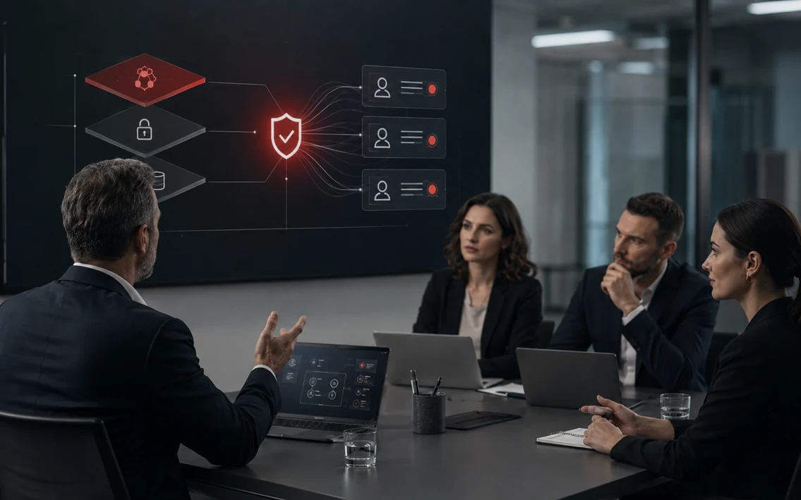 an executive and security team reviewing a controlled digital environment with layered access, protected data flows, a clear guardrail boundary and visible accountability.