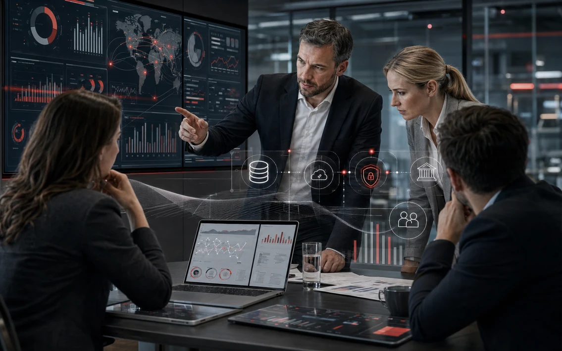 Illustration for digital transformation in financial services: security, data and faster decisions in a business system.