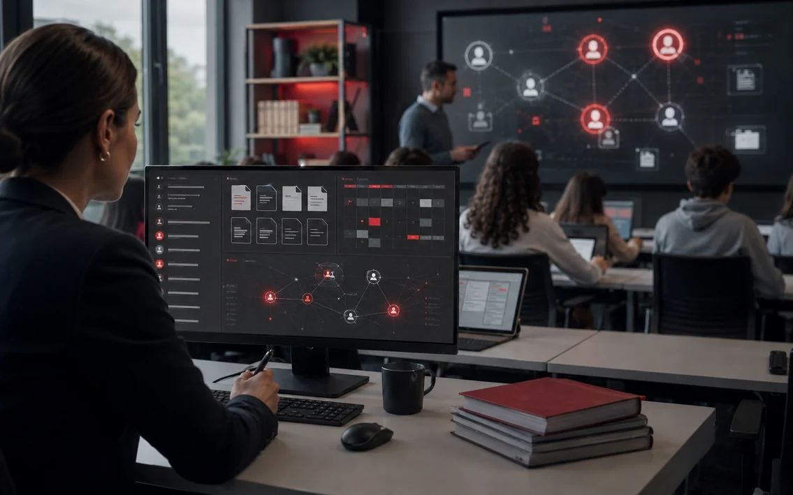 a modern education setting where teachers, administrators and learners are supported by organized digital resources and a clear coordination system.