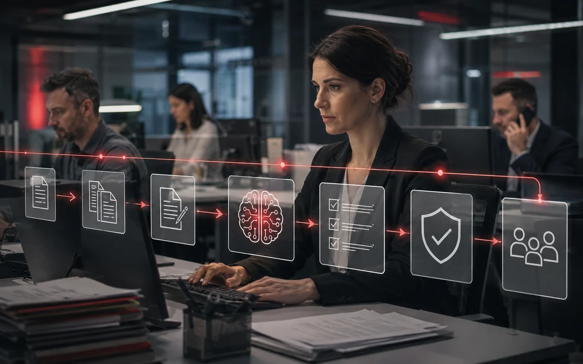 an insurance operations team processing claims through one ordered data flow, with documents, risk checks and customer cases moving visibly faster.