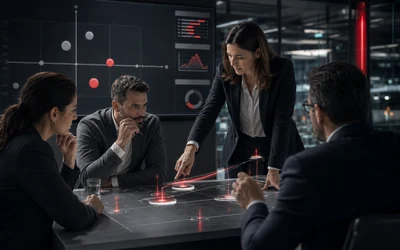 an investment decision workshop where management compares business impact, cost, risk and feasibility across a small portfolio of digital initiatives.