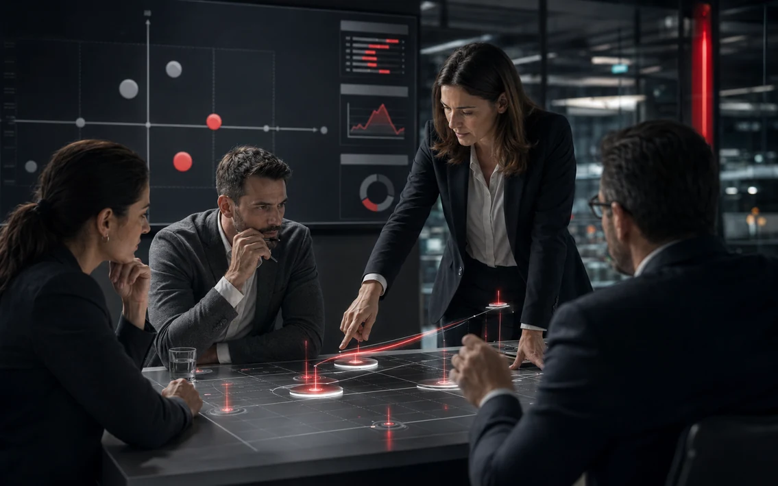 an investment decision workshop where management compares business impact, cost, risk and feasibility across a small portfolio of digital initiatives.