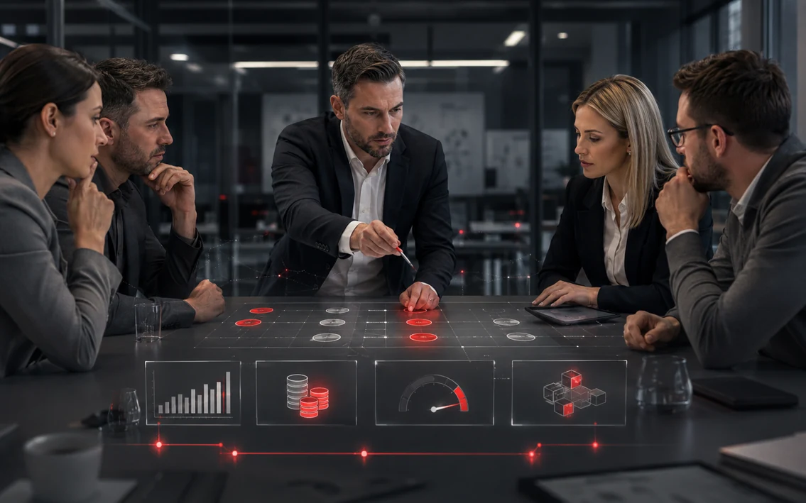 an investment decision workshop where management compares business impact, cost, risk and feasibility across a small portfolio of digital initiatives.