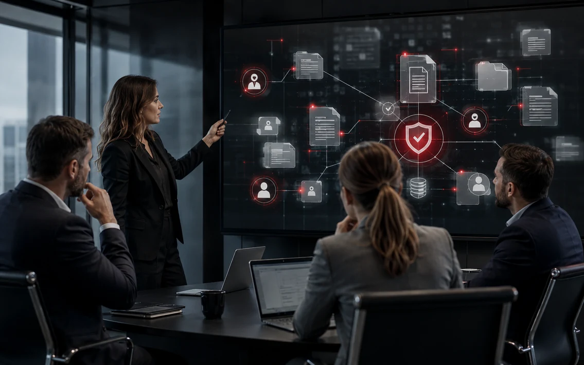 a legal and administrative team managing verified documents, approvals, versions and access in a secure, traceable workflow.