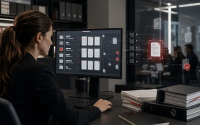 a legal and administrative team managing verified documents, approvals, versions and access in a secure, traceable workflow.